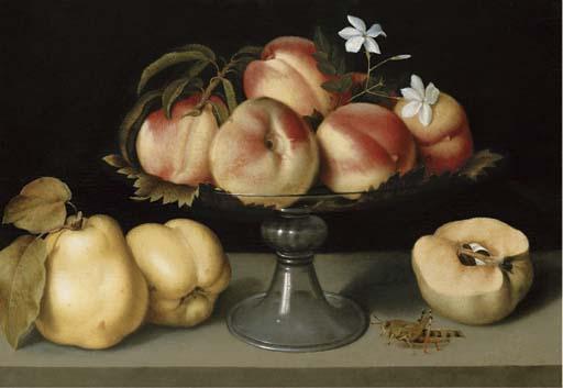 Fede Galizia - A Glass Compote With Peaches, Jasmine Flowers, Quinces And A Grasshopper