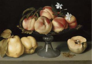 Fede Galizia - A Glass Compote With Peaches, Jasmine Flowers, Quinces And A Grasshopper