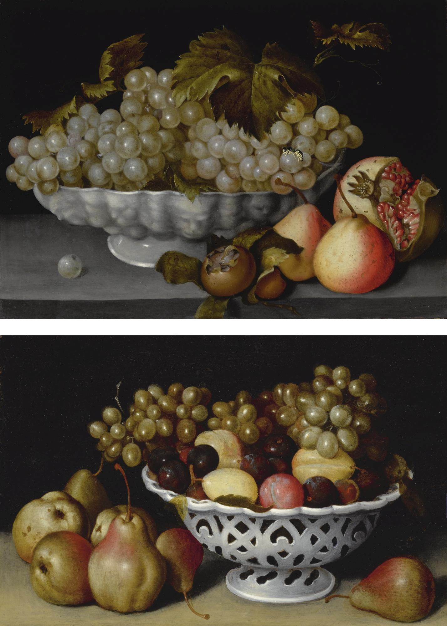 Fede Galizia - A Still Life Of A Porcelain Bowl Of Grapes On A Stone Ledge With A Medlar, Quinces, A Pomegranate And A Wasp; A Still Life Of A Porcelain Basket Of Plums And Grapes On A Stone Ledge With Pears