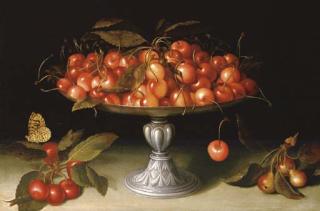 Fede Galizia - Cherries in a silver compote with crabapples on a stone ledge and a fritillary butterfly