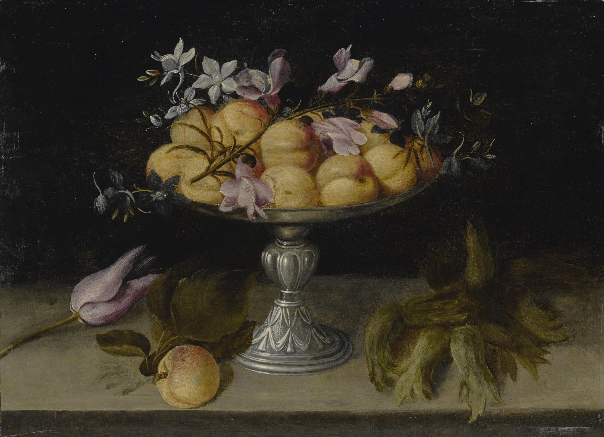 Fede Galizia - Still Life Of Peaches, Jasmine, And A Spray Of Hyacinth In A Metal Fruit Stand, With Tulips And Hazelnuts In The Hull, All On A Stone Ledge