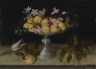Fede Galizia - Still Life Of Peaches, Jasmine, And A Spray Of Hyacinth In A Metal Fruit Stand, With Tulips And Hazelnuts In The Hull, All On A Stone Ledge