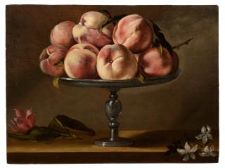 Fede Galizia - Still life of peaches on a fruit stand with jasmine flowers and a tulip