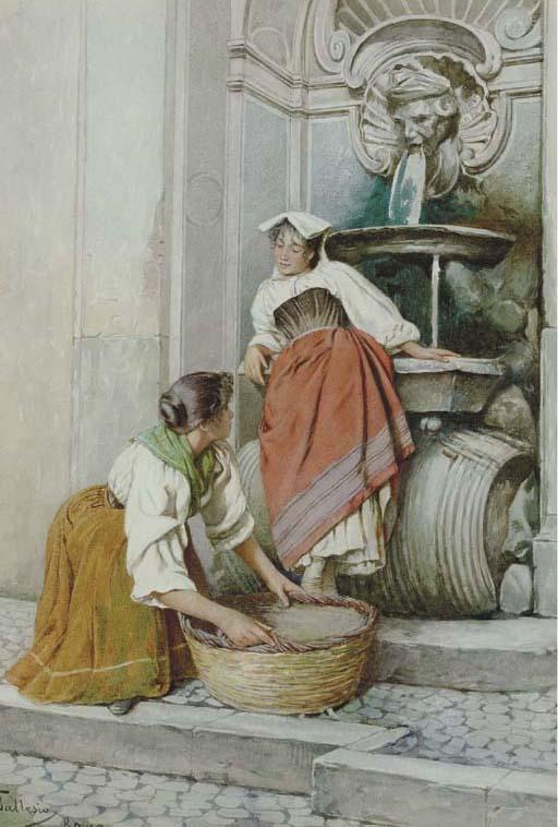 Federico Ballesio - Women washing by a Roman Fountain