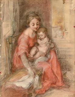 Federico Barocci - The Madonna and Child beside a crib in an interior, Saint Joseph seen reading through a doorway to the right