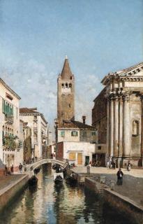 Federico Del Campo - A Venetian Canal with the Church of San Barnaba and Campo San Barnaba, Dorsoduro, Venice
