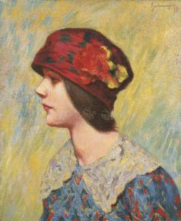 Federico Zandomeneghi - Profile de jeune fille en buste chapeau rouge garni de fleurs, 1913