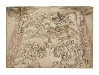 Federico Zuccaro - A flying Angel holding Christ’s robe and another dice, accompanied by other Angels and figures