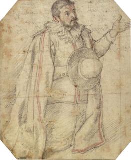 Federico Zuccaro - A kneeling man holding a hat and gesturing with his left hand
