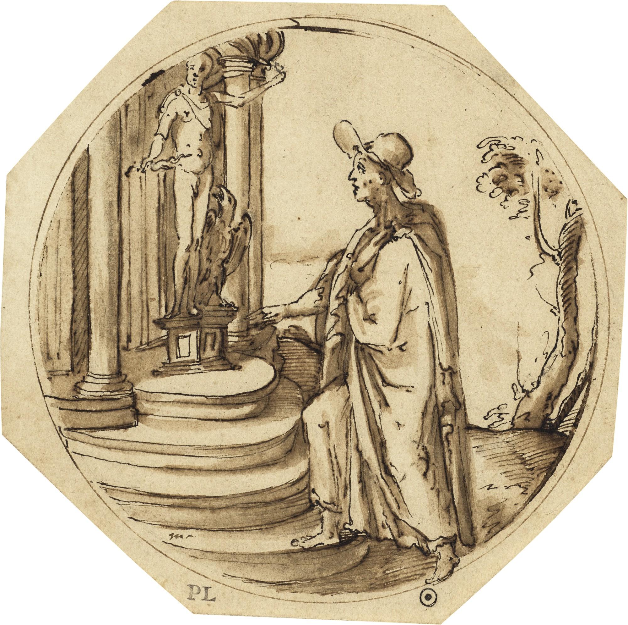 Federico Zuccaro - A man before a Roman Temple, with a statue of Jupiter