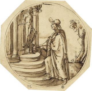 Federico Zuccaro - A man before a Roman Temple, with a statue of Jupiter