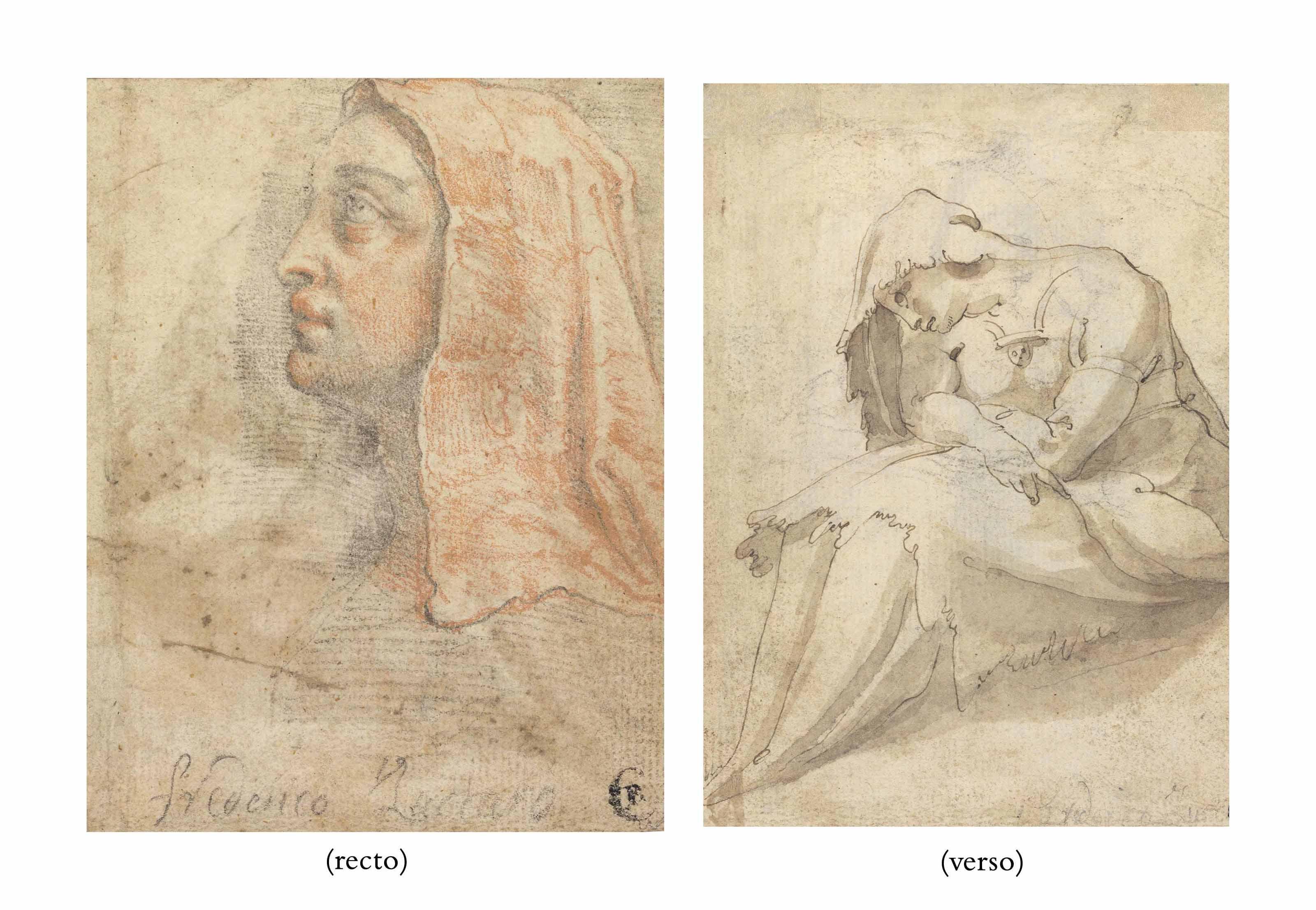 Federico Zuccaro - Head of a veiled woman in profile (recto); A seated woman (verso)