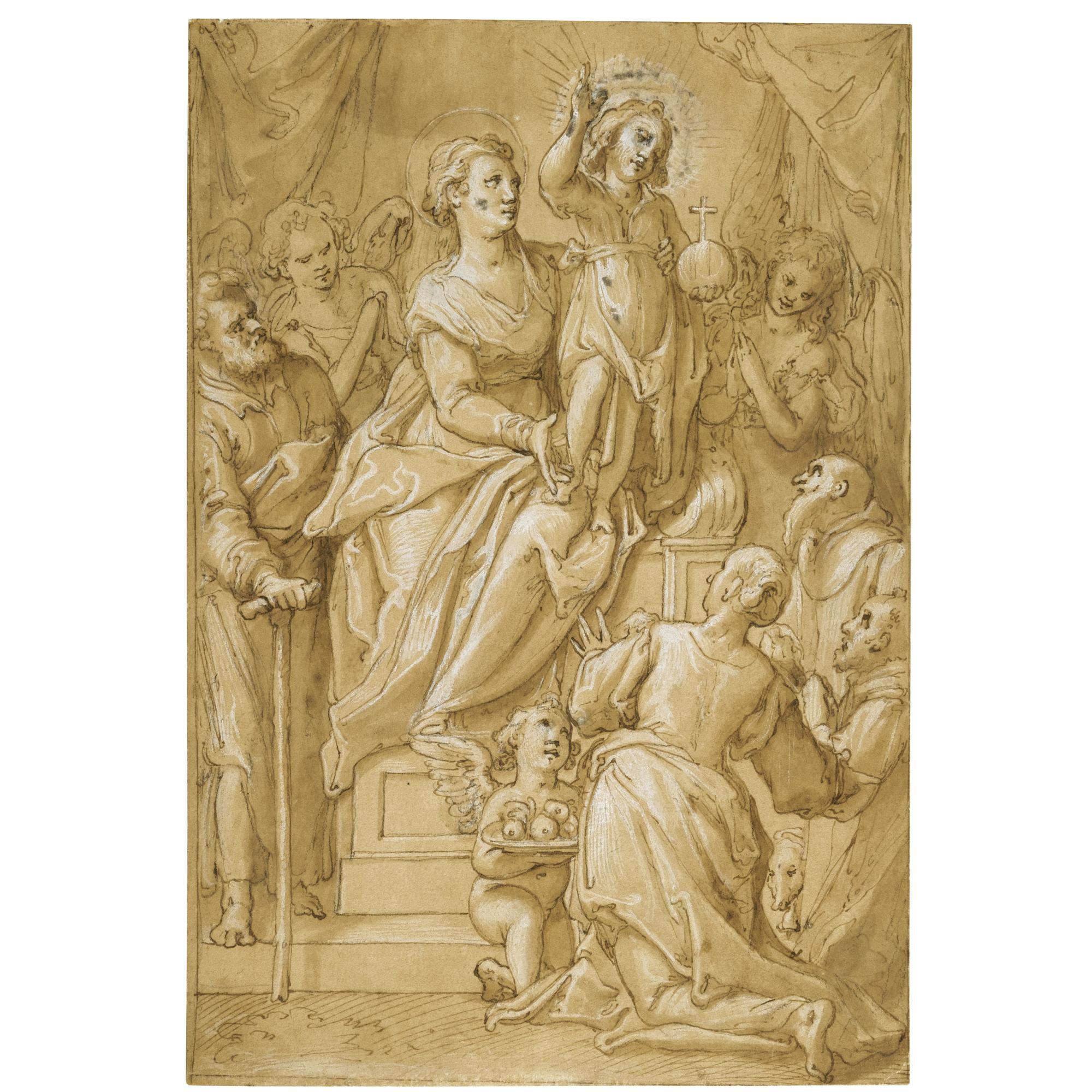 Federico Zuccaro - The Madonna Supporting The Infant Christ As Salvator Mundi, With St Joseph, St Anthony Abbot, St Dorothy And A Donor, With Two Angels