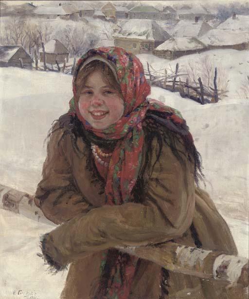 Fedot Vasil\'Evich Sychkov - A Young Peasant Girl With A Patterned Headscarf