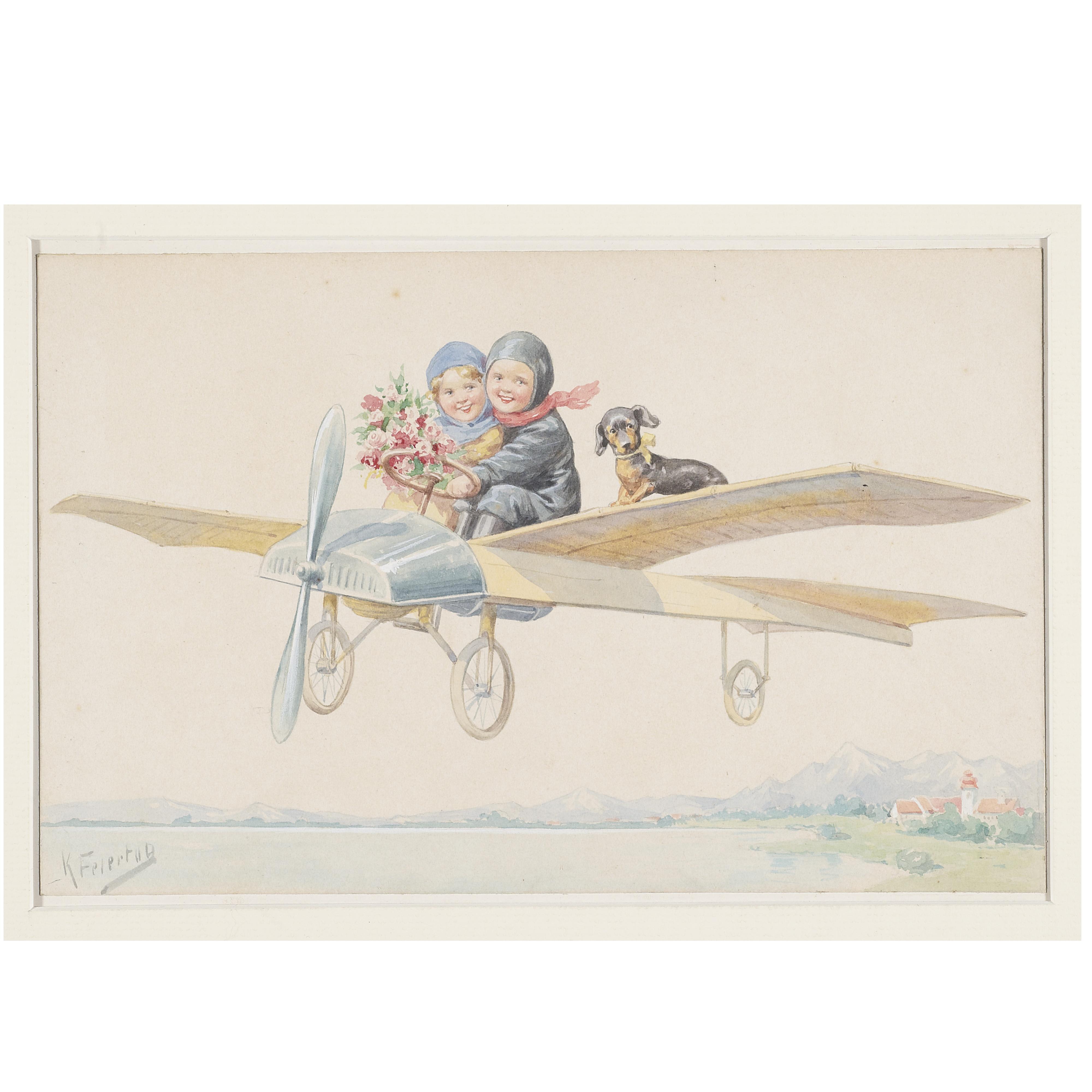 Feiertag, Karl - Two children and a dachshund on a plane
