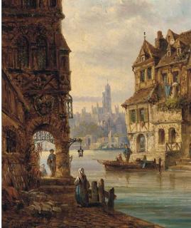 Felice A. Rezia - Street sellers at the quay, a Continental town; and Another similar