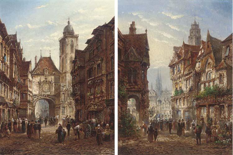 Felice Auguste Rezia - The market before the grand clock, Rouen; and Another similar of a bustling market town