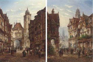 Felice Auguste Rezia - The market before the grand clock, Rouen; and Another similar of a bustling market town