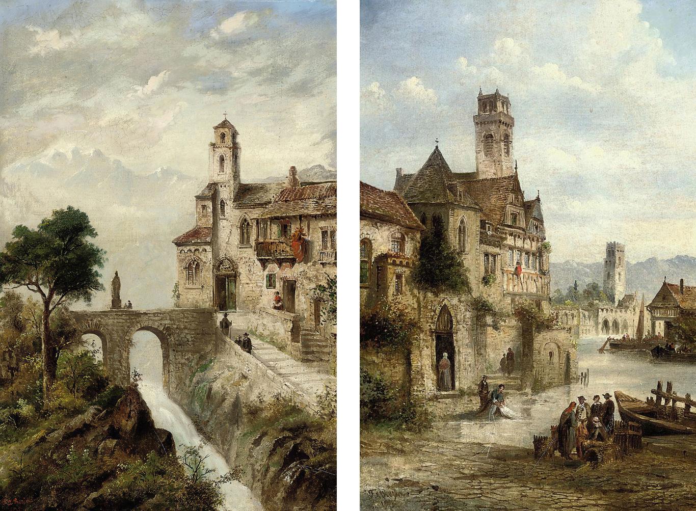 Felice Auguste Rezia - Washing clothes at the riverside; and A village by a mountain torrent