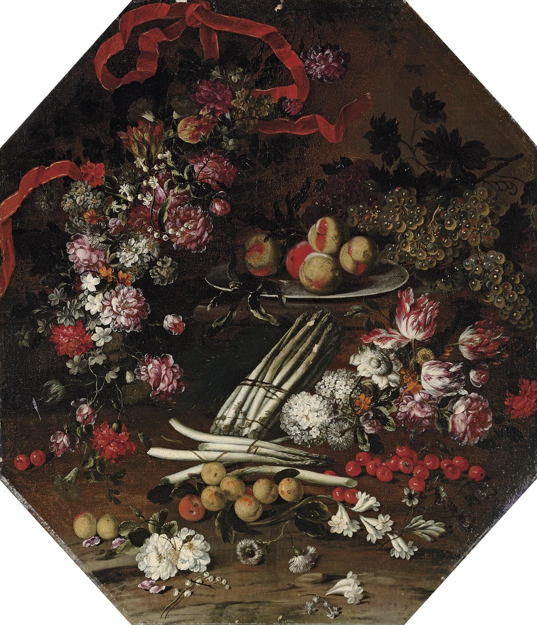 Felice Boselli - Asparagus, cherries, peaches and flowers on a wooden ledge