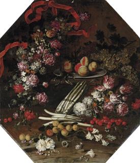 Felice Boselli - Asparagus, cherries, peaches and flowers on a wooden ledge