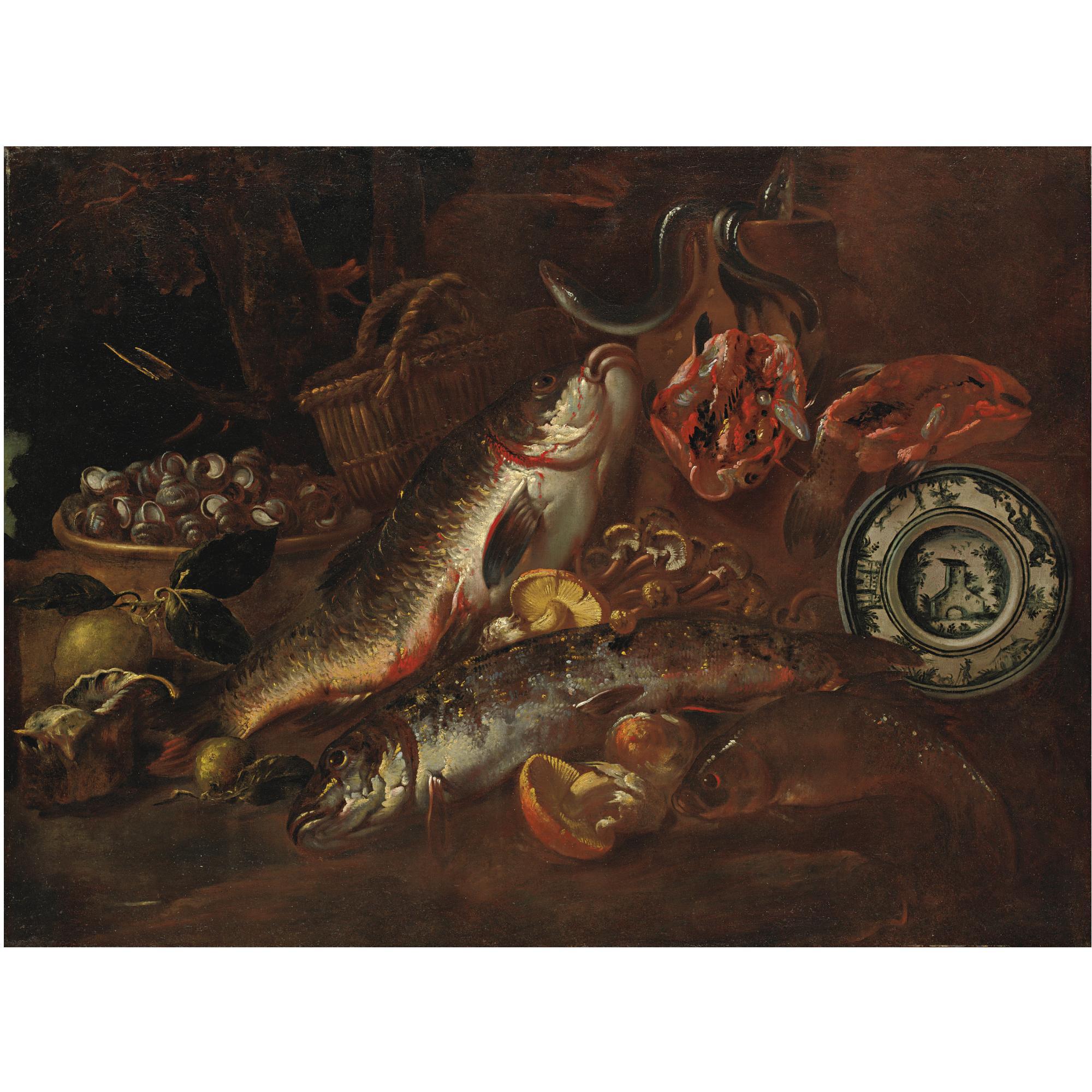 Felice Boselli - Natura Morta Di Pesci Con Funghi, Conchiglie E Un Piatto Di Ceramica