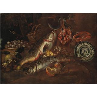 Felice Boselli - Natura Morta Di Pesci Con Funghi, Conchiglie E Un Piatto Di Ceramica