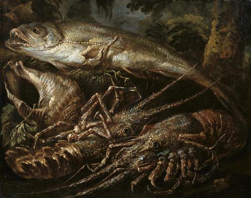 Felice Boselli - Still-Life of Two Lobsters, A Salmon And Shells On A Forest Floor