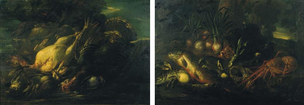 Felice Boselli - Two turkeys and other dead birds on a rocky bank; and Fish, a seashell, a crayfish, a lobster and onions on a rocky bank