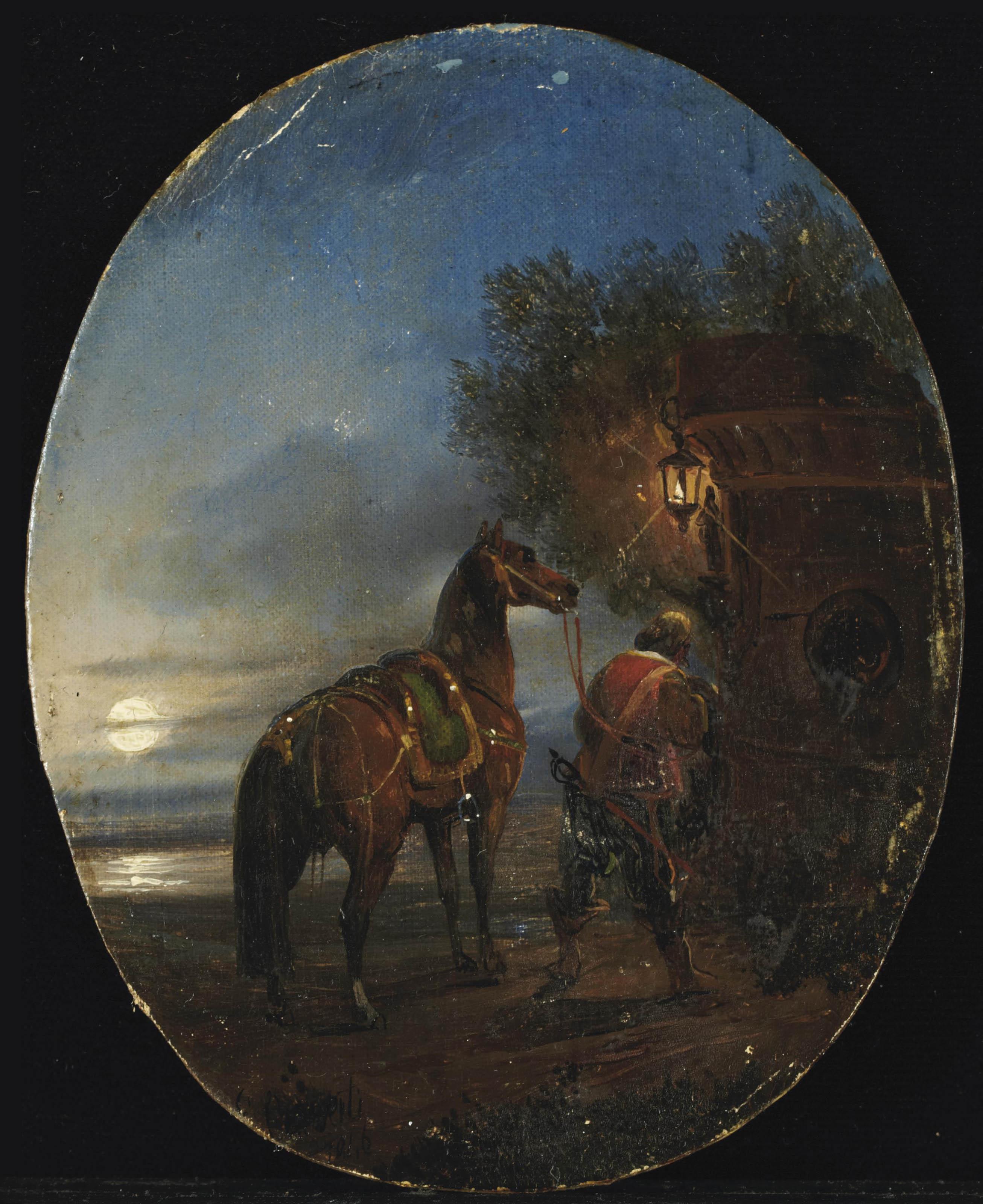Felice Cerruti-Beauduc - Cavalier à cheval arrivant à l\'auberge