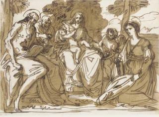 Felice Giani - La Sainte Famille servie par un ange dans un paysage, entourée de Saint Jérôme et de Sainte Agnès, d\'après un maître ancien