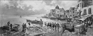 Felice Giordano - Barche E Pescatori Al Porticciolo