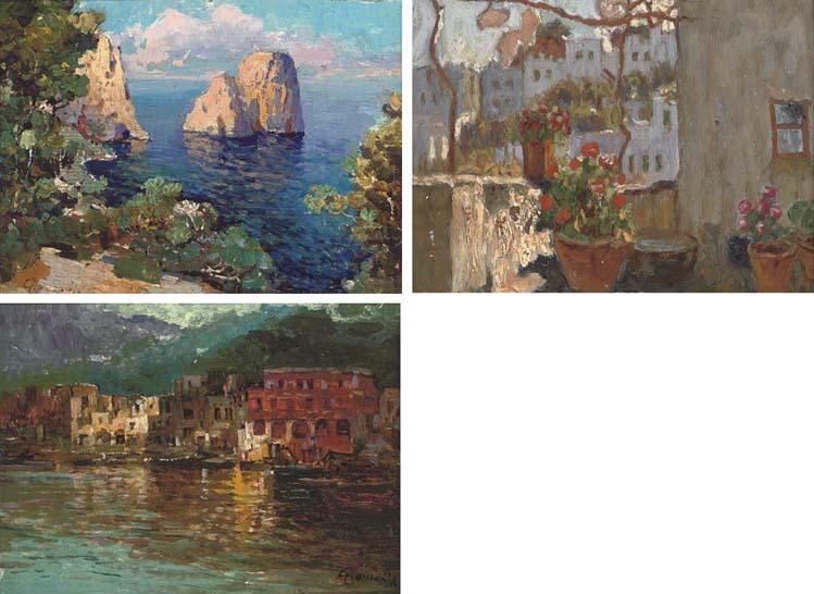 Felice Giordano - I Faraglioni; A Capri Fishing Village; And A Capri Balcony