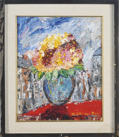 Feliciano Bejar - Still life of a vase of flowers in front of a cityscape