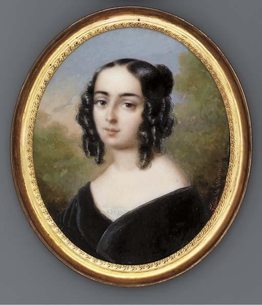 Félicie De Watteville - A young lady, facing left in black velvet dress with lace-bordered white underdress, her black hair dresed in ringlets; foliate and sky background