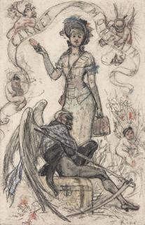 Félicien-Joseph-Victor Rops - Elégante Tenant Un Carnet Avec À Ses Pieds Une Allégorie De La Mort