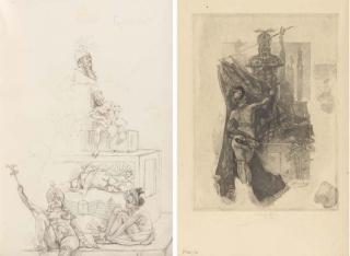 Félicien-Joseph-Victor Rops - La pudeur de Sodome: Three languid women lying below a bust of a priest; bound in a book containing states 3 and 8 (of 11) of the print related to the drawing (Rouir 830/3 and 830/8)