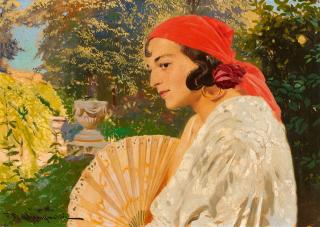 Feliks Michal Wygrzywalski - Junge Frau mit Fächer und rotem Kopftuch