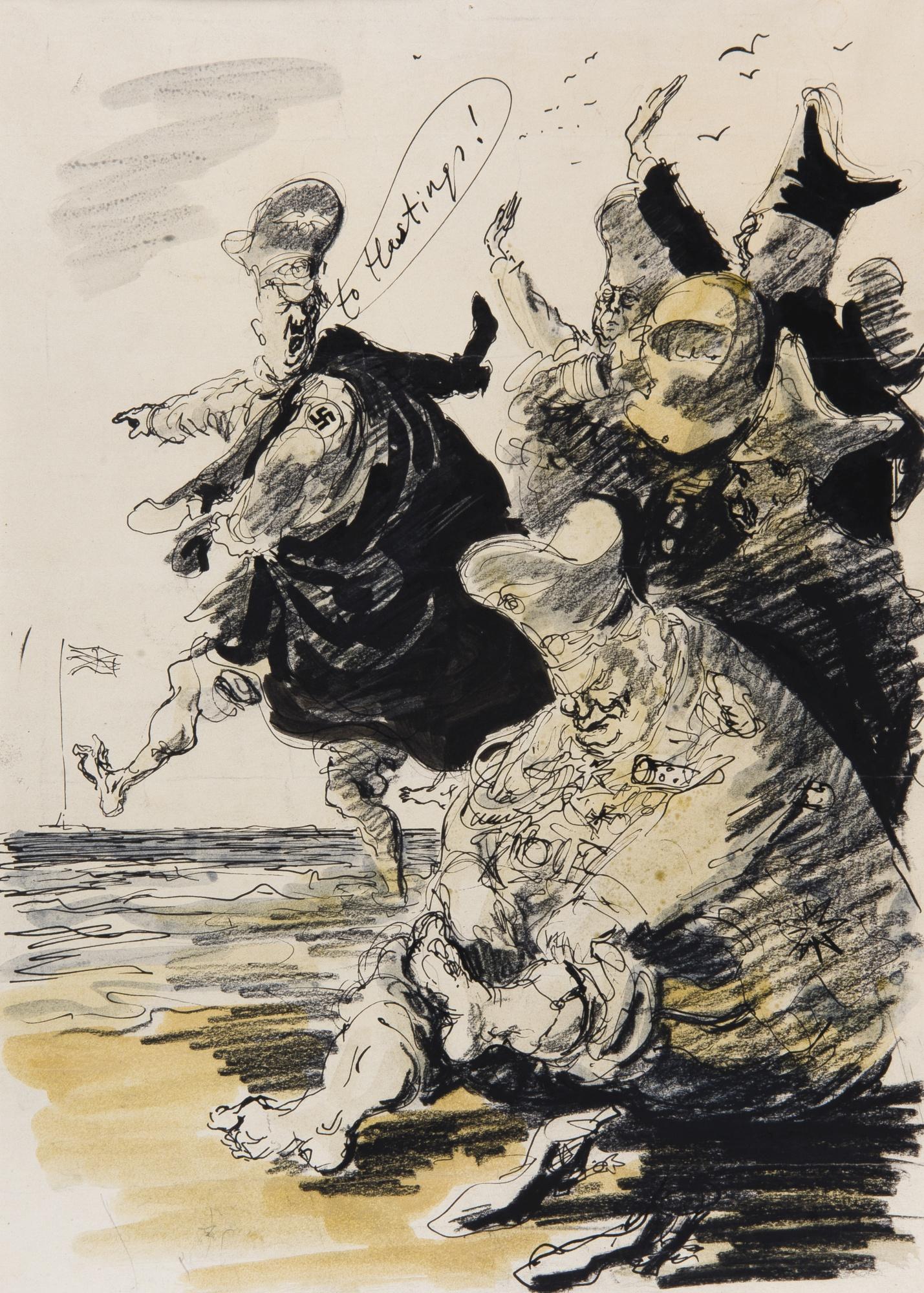 Feliks Topolski - ‘’Dolf Hitler Gif A Barty, | Der Raf Komm By, | Dey In Der Pants His Troops Gekick | Und Sock Dem In Der Eye. | Der Fuehrer Cry: “So! Hermann! | Du Winnst Anodder Maddle! | Wohl Auf, My Bully Kavaliers, | Boots Offgepull Und Paddle!”’
