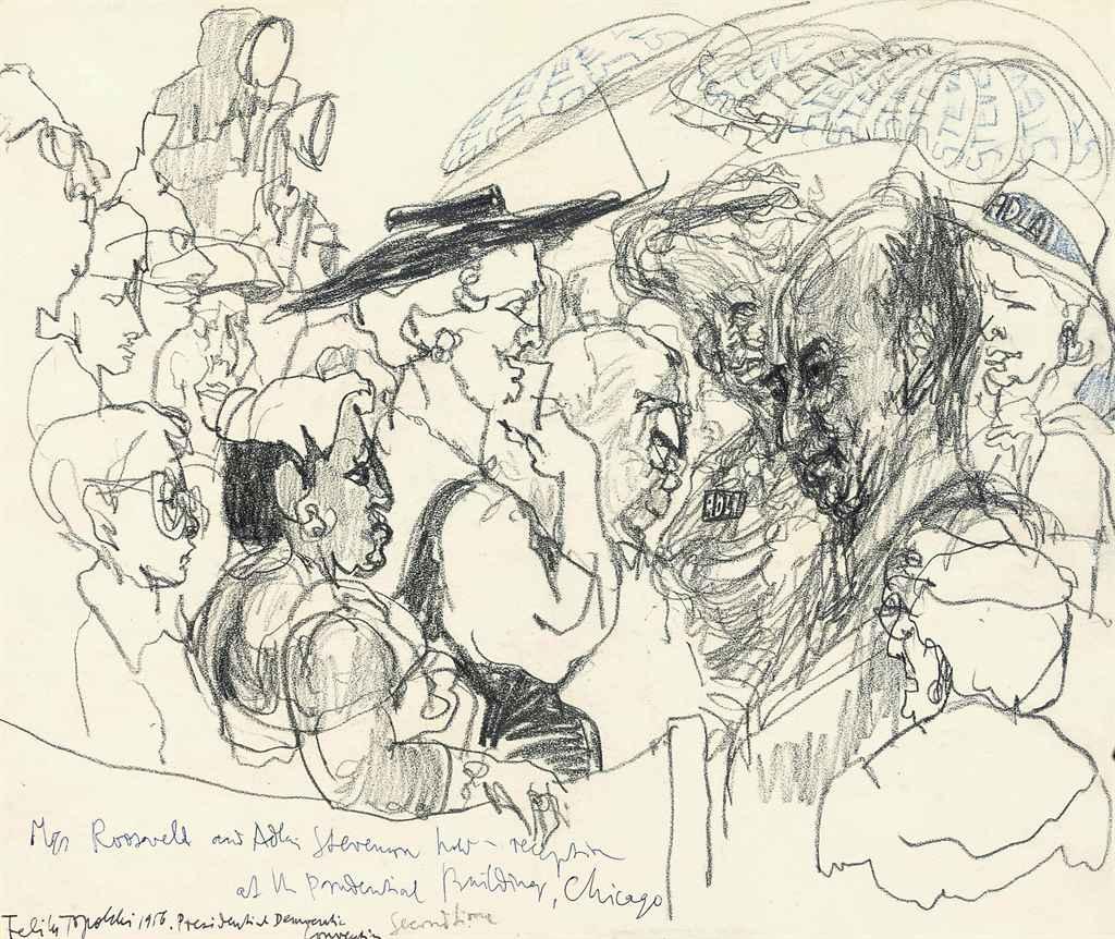 Feliks Topolski - Mrs Roosevelt hosting a reception at the Presidential Building, Chicago