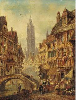 Felix A. Rezia - Figures by a bridge, a continental town