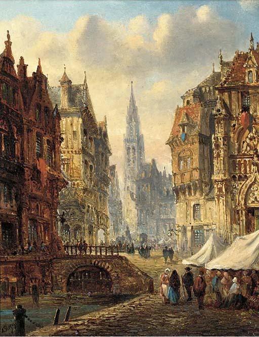 Felix A. Rezia - Figures by a canal in a Continental market town