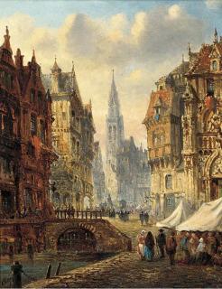 Felix A. Rezia - Figures by a canal in a Continental market town