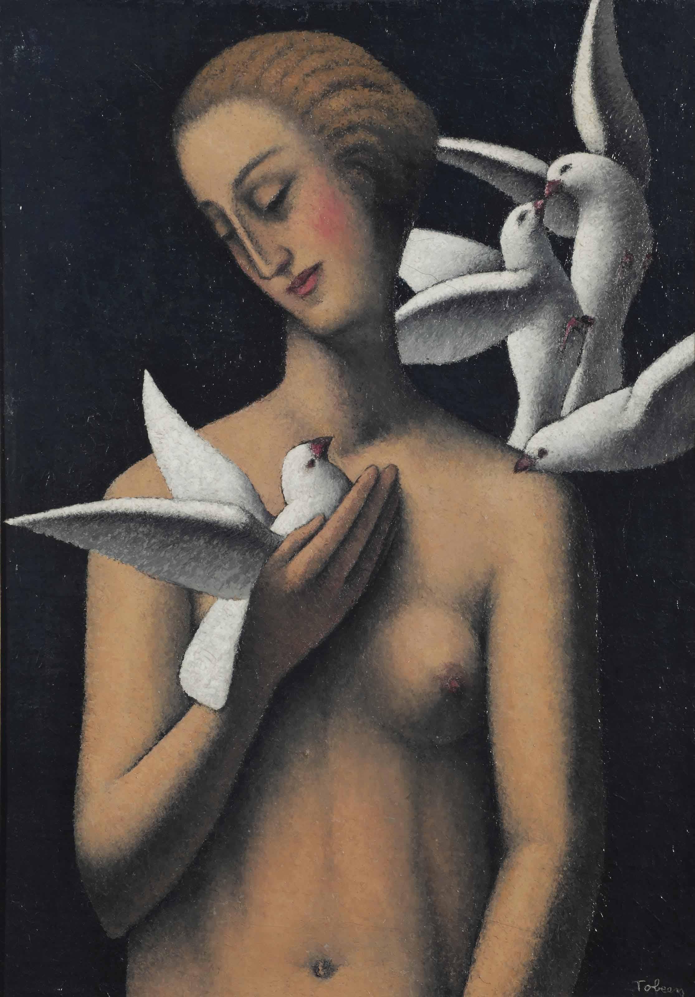 Felix Elie Tobeen - Le Nid/Une Fille Debout Avec Quatre Colombes