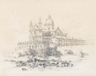 Félix-François-Georges-Philibert Ziem - Une église dans un paysage près de Saint Pétersbourg, des paysans et des vaches au premier plan