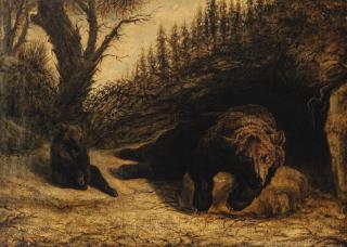 Felix-Hippolyte Lanoüe - A Female Bear With Her Teddy Bear Nearby A Cave