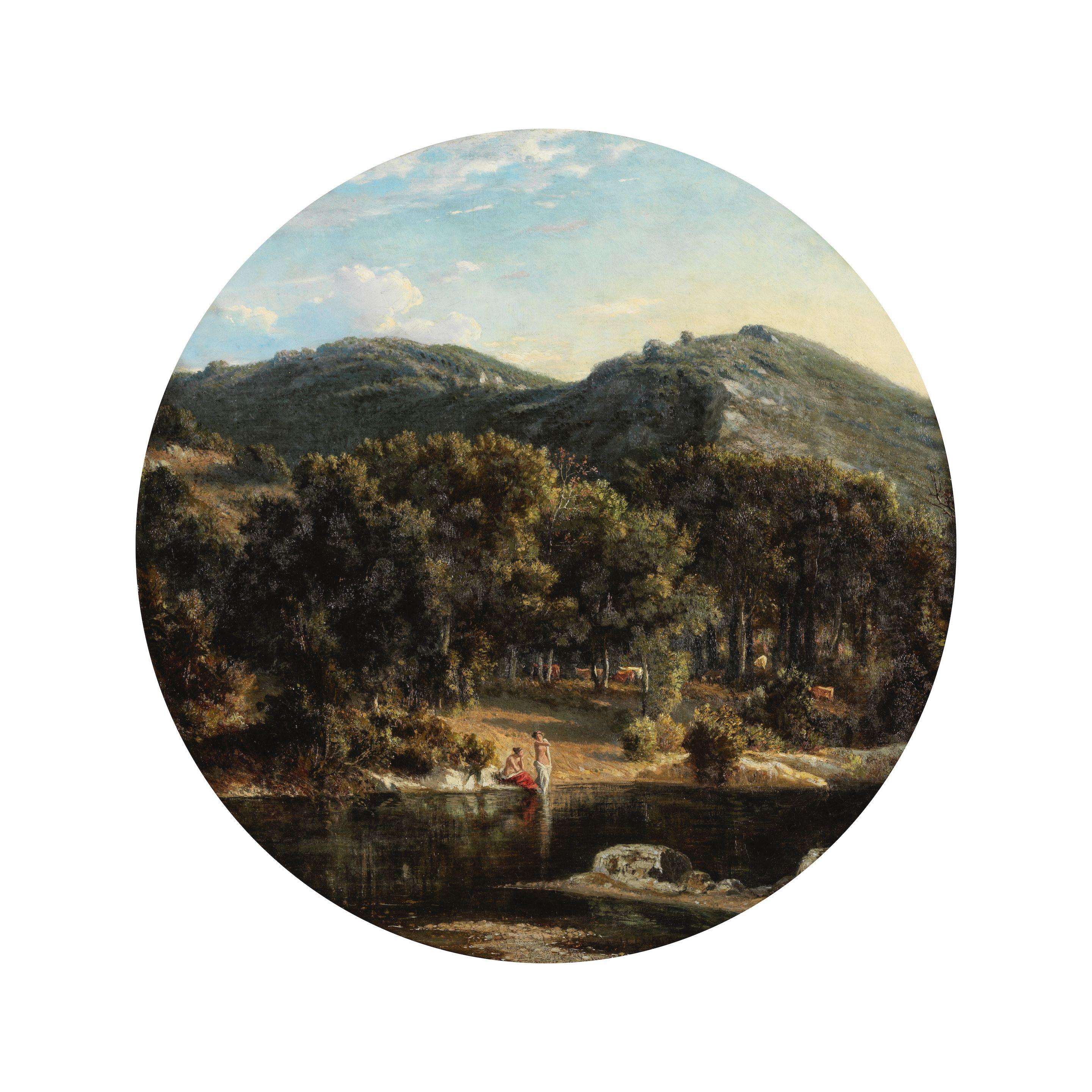 Félix-Hippolyte Lanoüe - Paysage lacustre animé de baigneuses