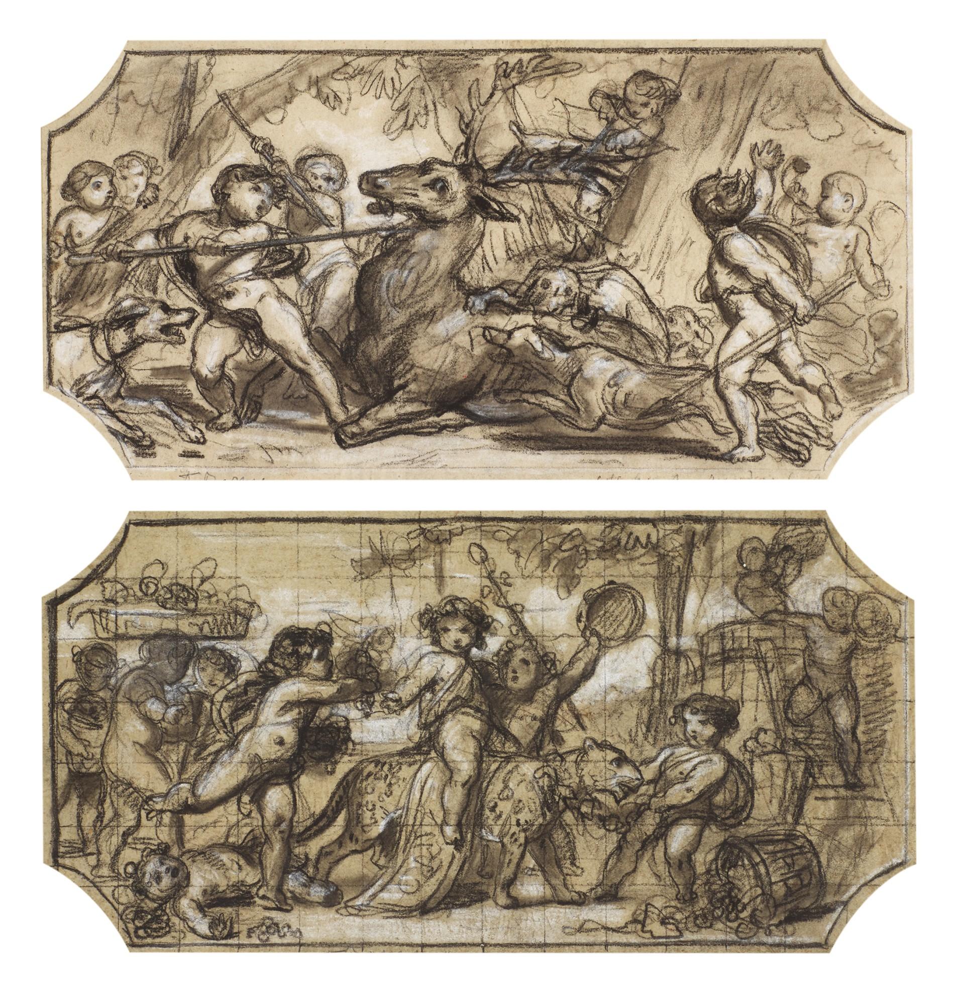 Félix-Joseph Barrias - Two Designs For The Decoration Of The Hôtel Du Louvre, Paris A) Autumn: The Harvest B) Autumn: The Hunt
