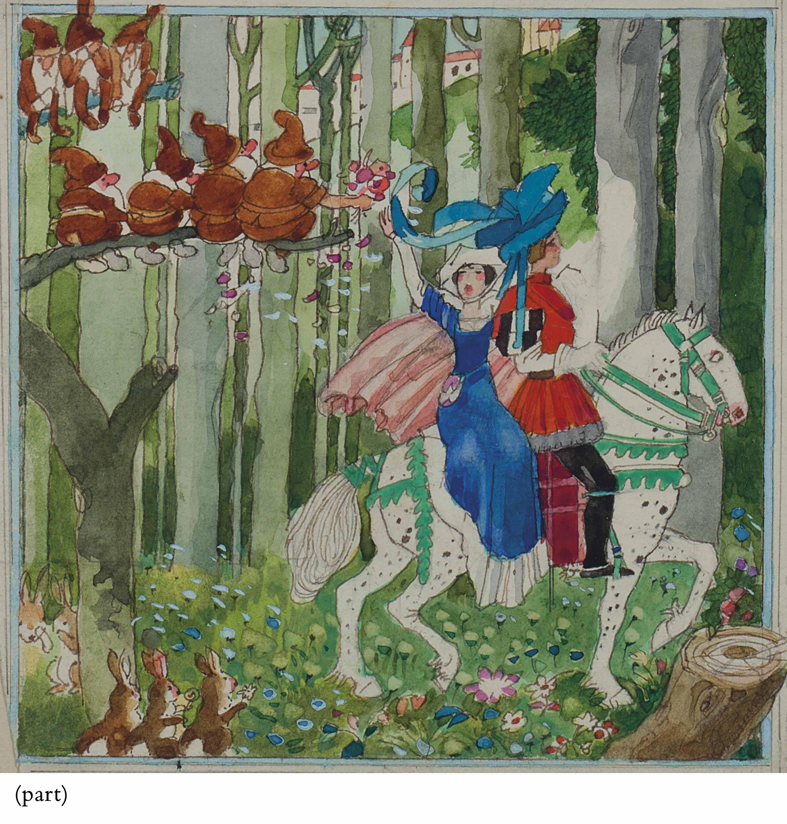 Felix Lorioux - Depart de Blanche Neige; Snow White and the Seven Dwarves; Two Grasshoppers; and Anile 12 deburge: Four Works