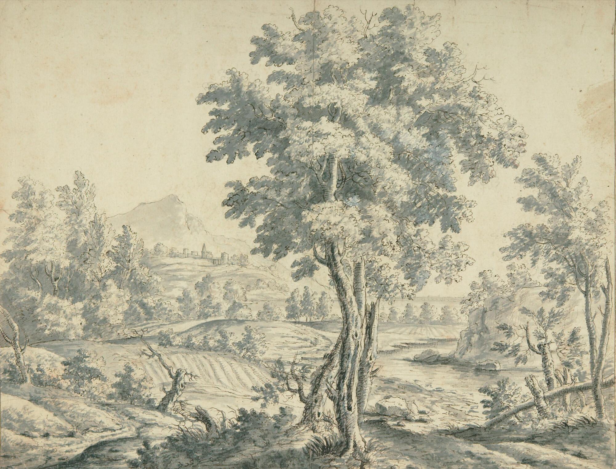 Felix Meyer - Wilde Landschaft mit einem kleinen Dorf im Hintergrund.